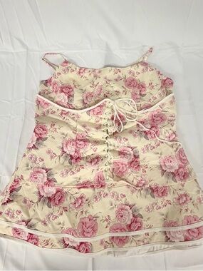 Peppermayo Artemis Corset Mini Dress | Pink Floral Lace Up Party Dress | US 18